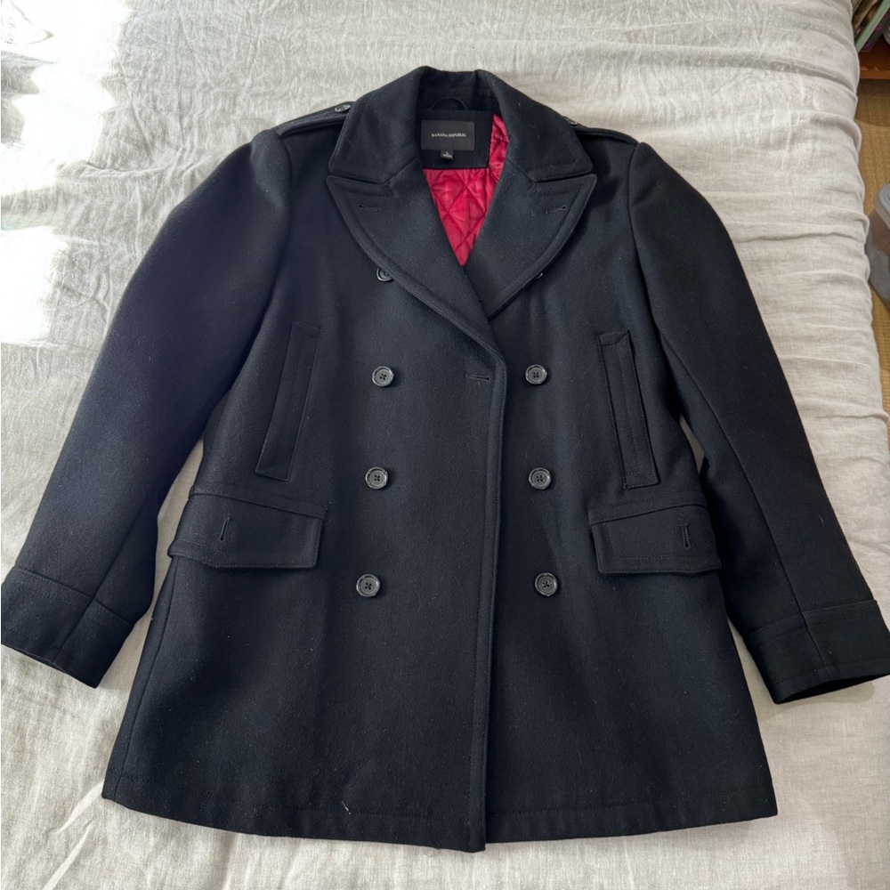 Banana Republic Black Double-Breasted Peacoat with Red Quilted Lining